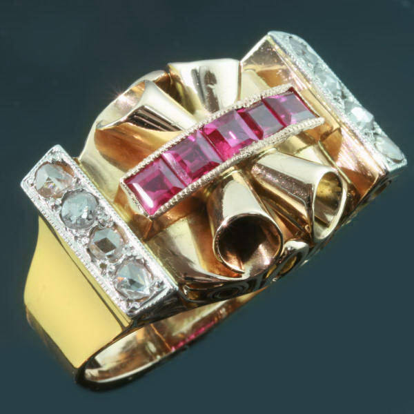 Sturdy pink gold retro ring with rose cut diamonds and carre cut rubies (image 10 of 15)